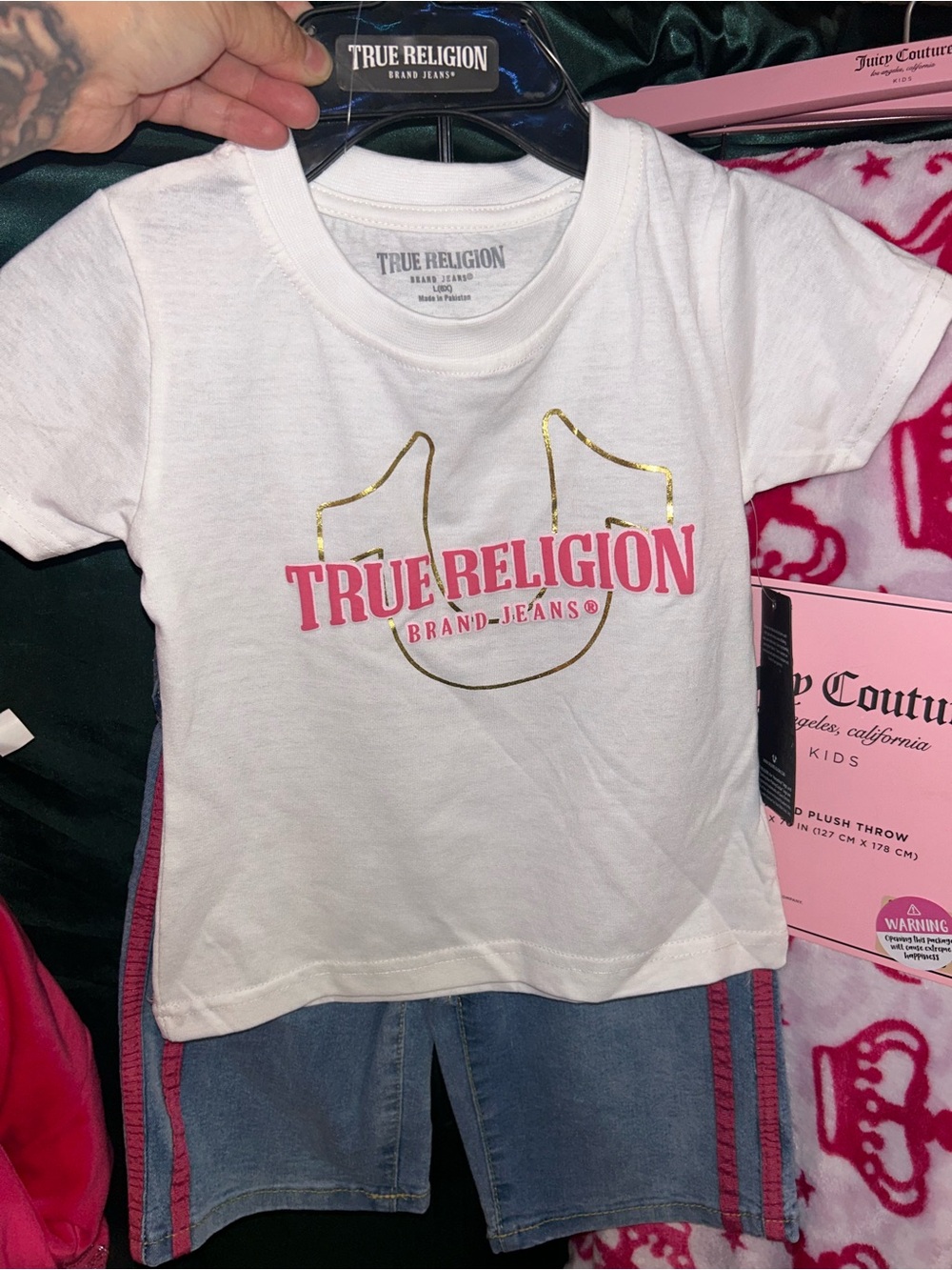 True Religion White Tee with Pink Logo and Gold Accent